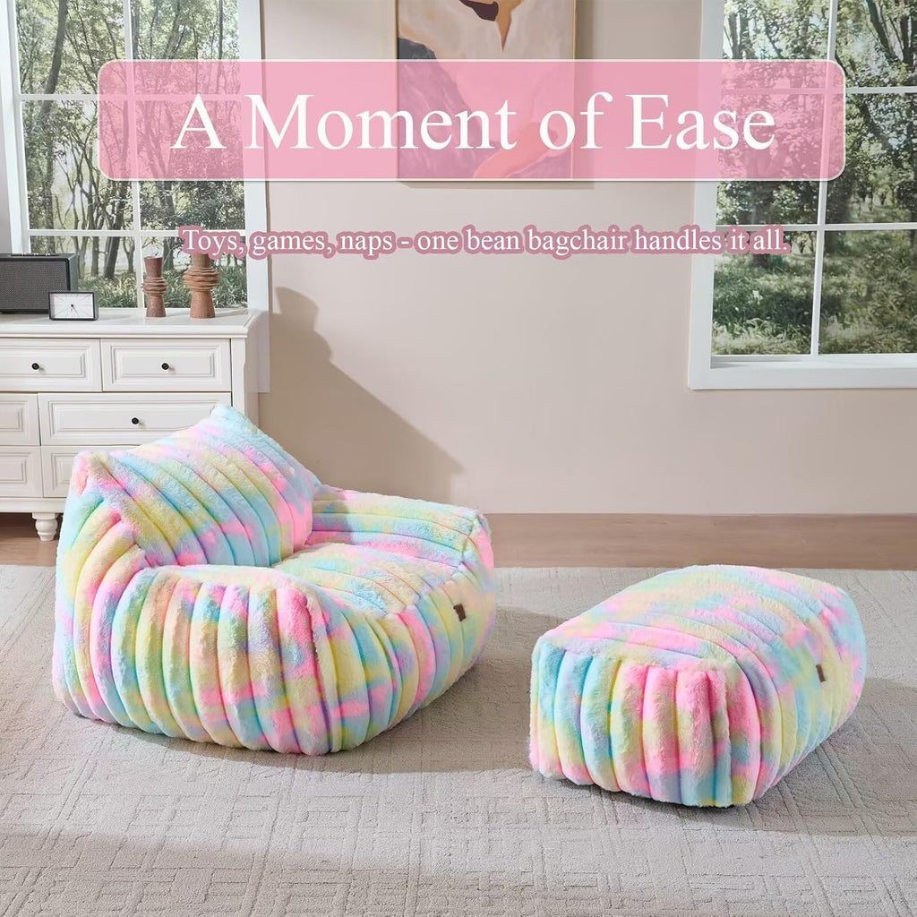 Giant Plush Bean Bag Chair for Adults with Armrests,Oversized Comfy Beanbag Lounge Lazy Floor Sofa Chair for Game Room,Living Room,Bedroom,Ultra Soft Mini Couch-Rainbow