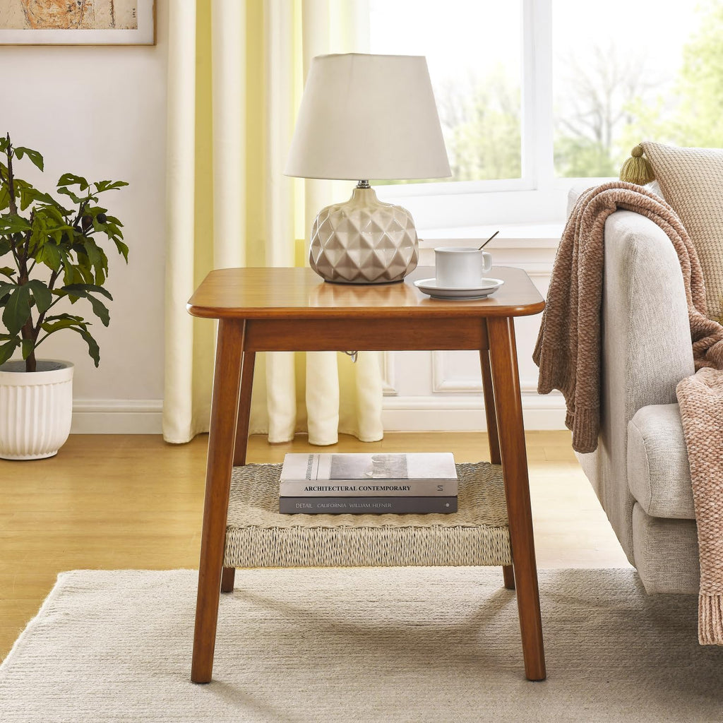 Geelife 23" Mid-Century Side Table with Woven Shelf, Boho Side Table with Storage