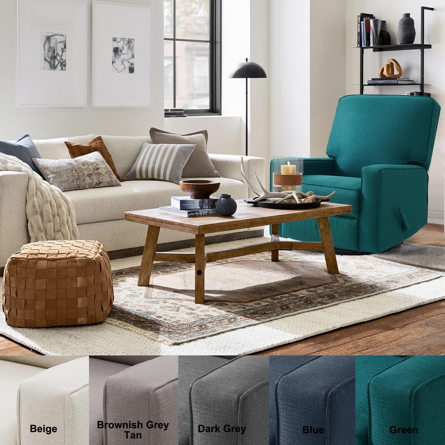 Harkawon Swivel Rocker Recliner Chair, Glider Rocker Recliner, Rocking Chair Nursery, Fabric Chair with High Back, Deep Seat, for Living Room, Bedroom, Green