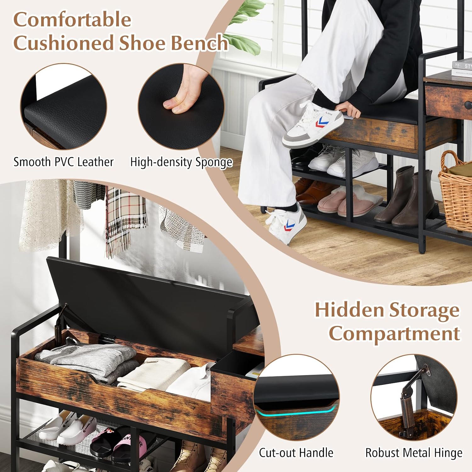Tangkula Hall Tree with Bench and Shoe Storage, Industrial Coat Rack with Shoe Storage, 12 Hooks & Drawer, Multifunctional Shoe Rack with Cushioned Seat & Hanging Rod for Entryway, Bedroom, Hallway