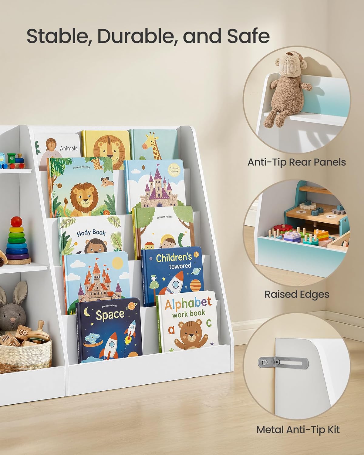 SONGMICS Custos Collection - Book and Toy Storage Organizer, 5-Tier Montessori Kids Bookshelf and Toy Storage Shelf, for Children's Room, 11.8 x 40.8 x 31.5 Inches, Cloud White UGKR077WZ01