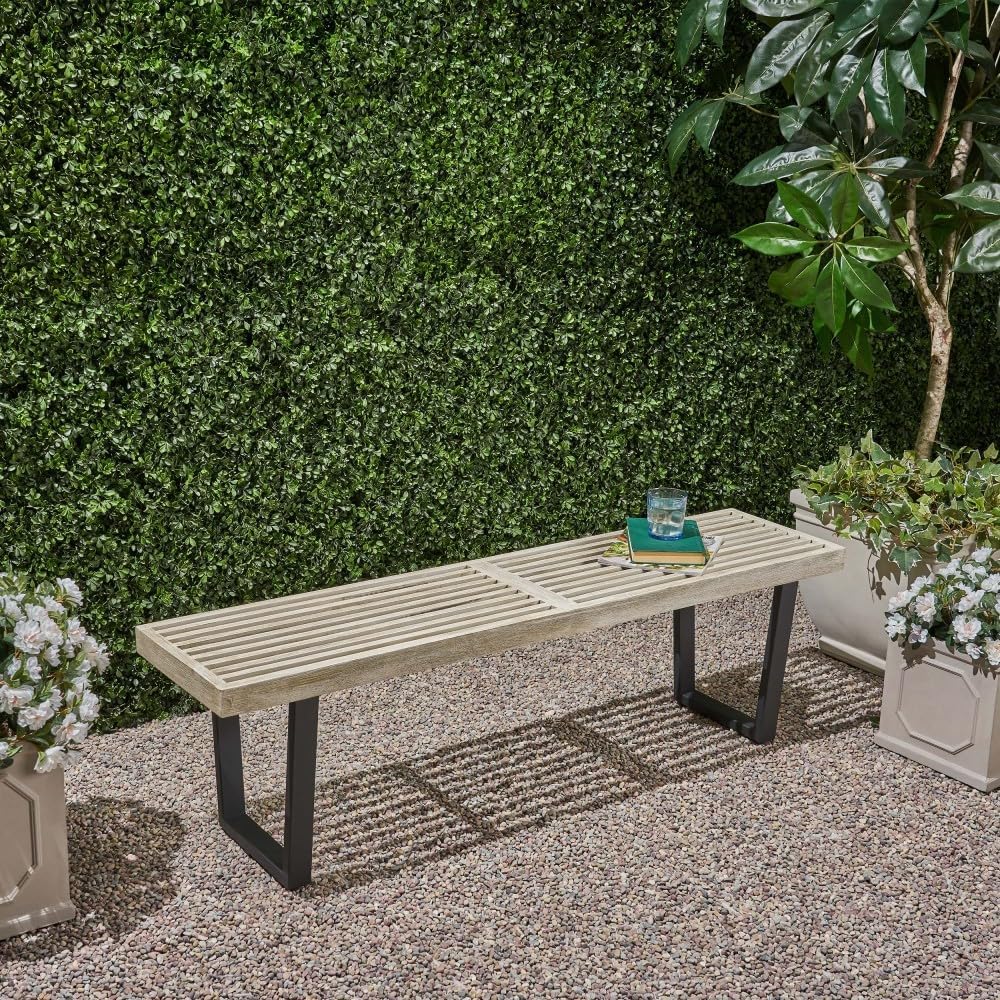 Outdoor Bench Seat, Metal and Solid Wood Garden Bench, Patio Bench, Park Bench for Porch Backyard Deck Lawn Garden Yard Outdoor Seating