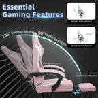 Gaming Chair for Adults, Fabric Gaming Chair with Footrest and Pocket Spring Cushion, Ergonomic Gamer Chair with Lumbar Support, Reclining Computer Gaming Chair with High Back, Pink