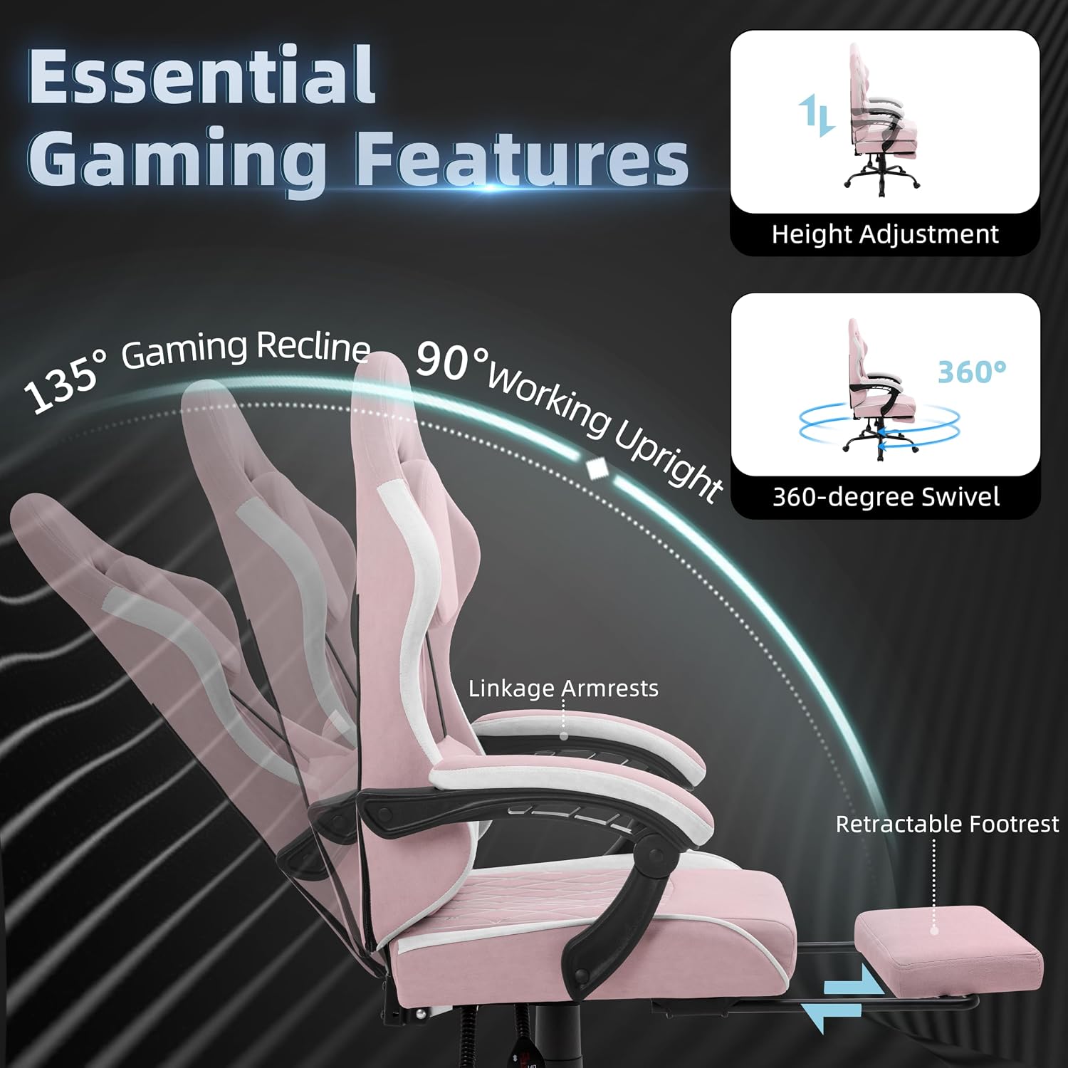 Gaming Chair for Adults, Fabric Gaming Chair with Footrest and Pocket Spring Cushion, Ergonomic Gamer Chair with Lumbar Support, Reclining Computer Gaming Chair with High Back, Pink