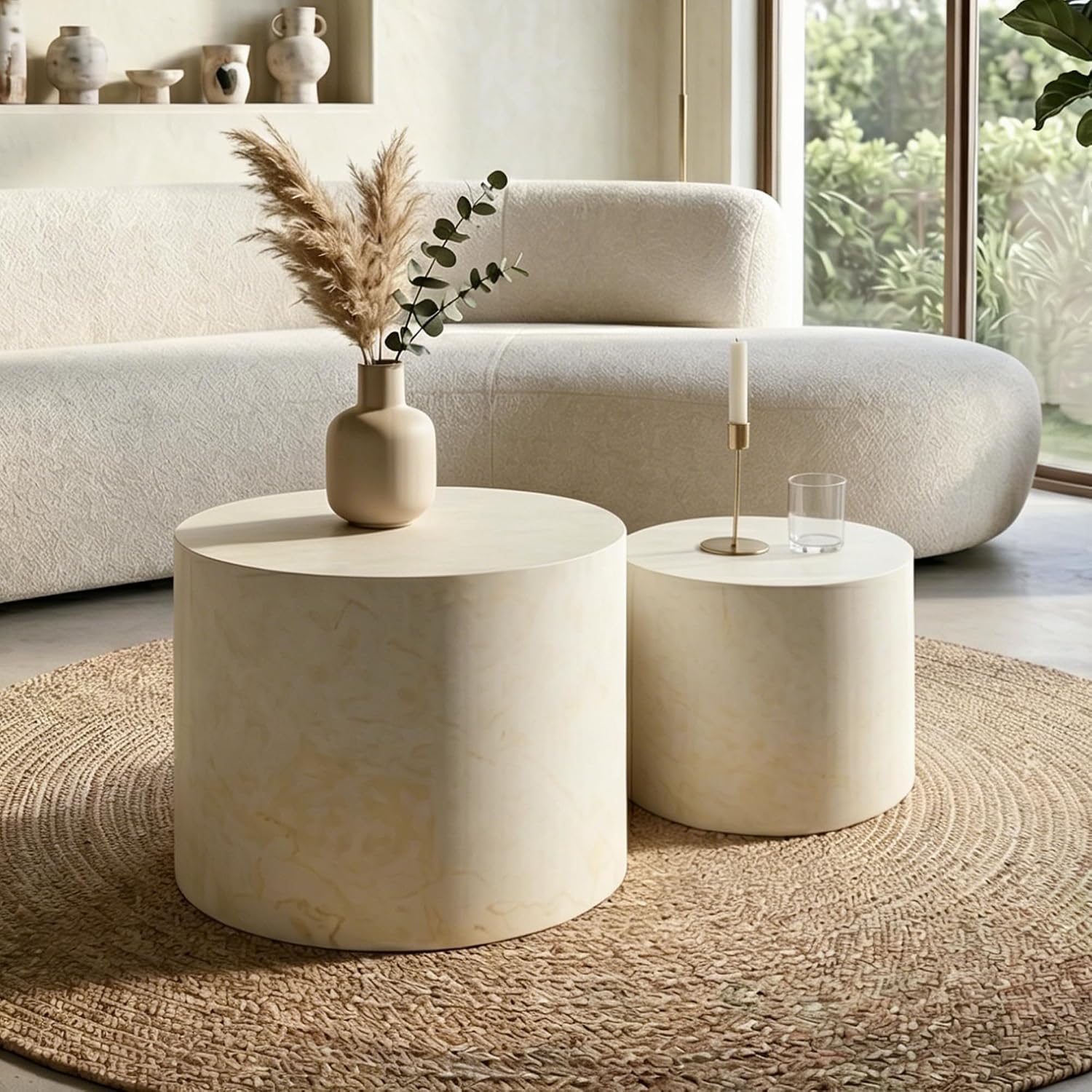 Nesting Round Coffee Table Set of 2, Accent End Table for Small Spaces, Morden Drum Side Table, Wooden Circle Center Table for Living Room, Fully Assembled - Faux Marble