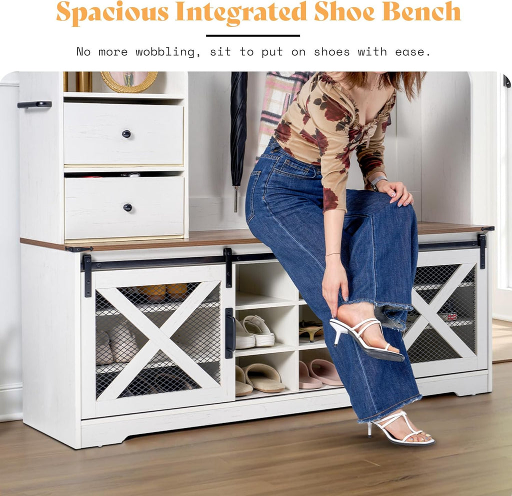 AMERLIFE 75" 7-in-1 Farmhouse Hall Tree with Bench and shoe storage, LED Entryway Bench with Coat Rack, 12 Shoe Cubbies, 2 Drawers, Barn Doors & Adjustable Shelf, Mudroom Hallway Cabinet, Rustic White
