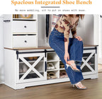 AMERLIFE 75" 7-in-1 Farmhouse Hall Tree with Bench and shoe storage, LED Entryway Bench with Coat Rack, 12 Shoe Cubbies, 2 Drawers, Barn Doors & Adjustable Shelf, Mudroom Hallway Cabinet, Rustic White