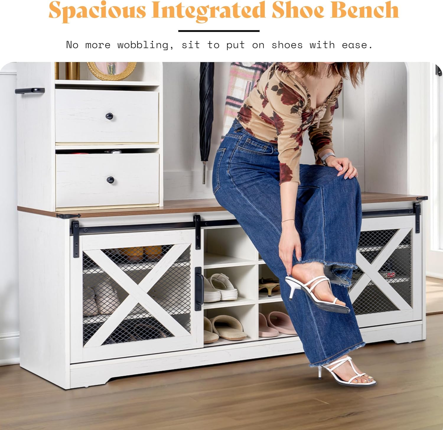 AMERLIFE 75" 7-in-1 Farmhouse Hall Tree with Bench and shoe storage, LED Entryway Bench with Coat Rack, 12 Shoe Cubbies, 2 Drawers, Barn Doors & Adjustable Shelf, Mudroom Hallway Cabinet, Rustic White