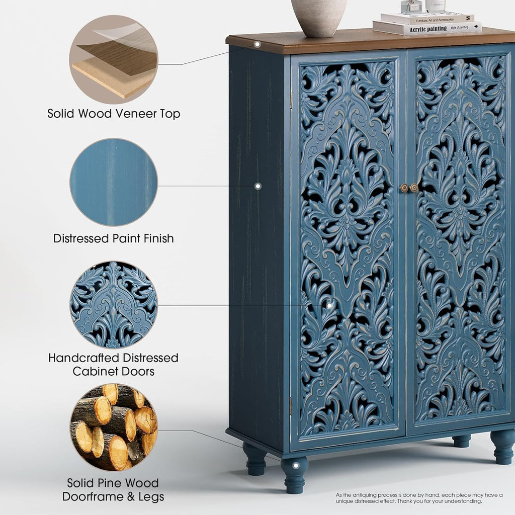 Jiansu furni Buffet Sideboard Cabinet with Hand-Carved Doors,Tall Storage Cabinet for Dining Room, Vintage Wood Accent Cabinet with Shelves, Slim Floor Cupboard for Kitchen & Entryway(Blue & Walnut)