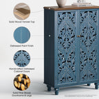 Jiansu furni Buffet Sideboard Cabinet with Hand-Carved Doors,Tall Storage Cabinet for Dining Room, Vintage Wood Accent Cabinet with Shelves, Slim Floor Cupboard for Kitchen & Entryway(Blue & Walnut)