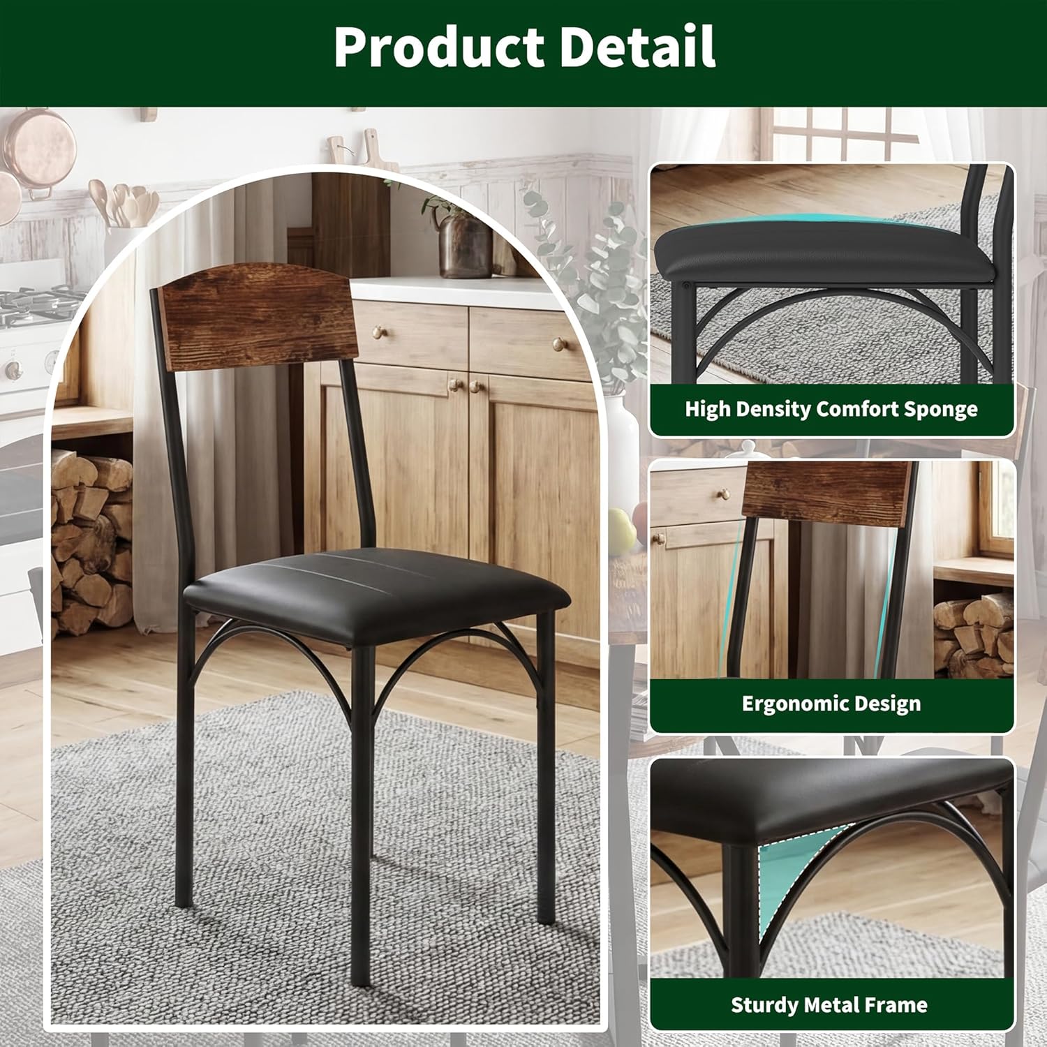 42'' Round Dining Table Set for 4, Space Saving Wood Kitchen Table and Chairs Set for 4 with Faux Leather Chairs, Extra Storage, Vintage Brown