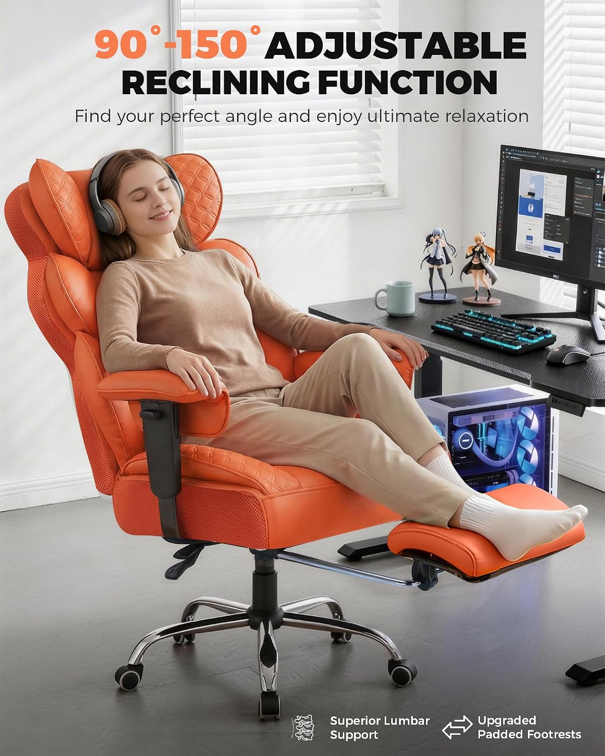 GTPLAYER Big and Tall Gaming Chair Ergonomic Heavy Duty Office Chair Racing Seat with Adjustable Lumbar Pillow Footrest 150° Reclining Thickened Armrests Breathable Mesh for Esports/PC Gaming