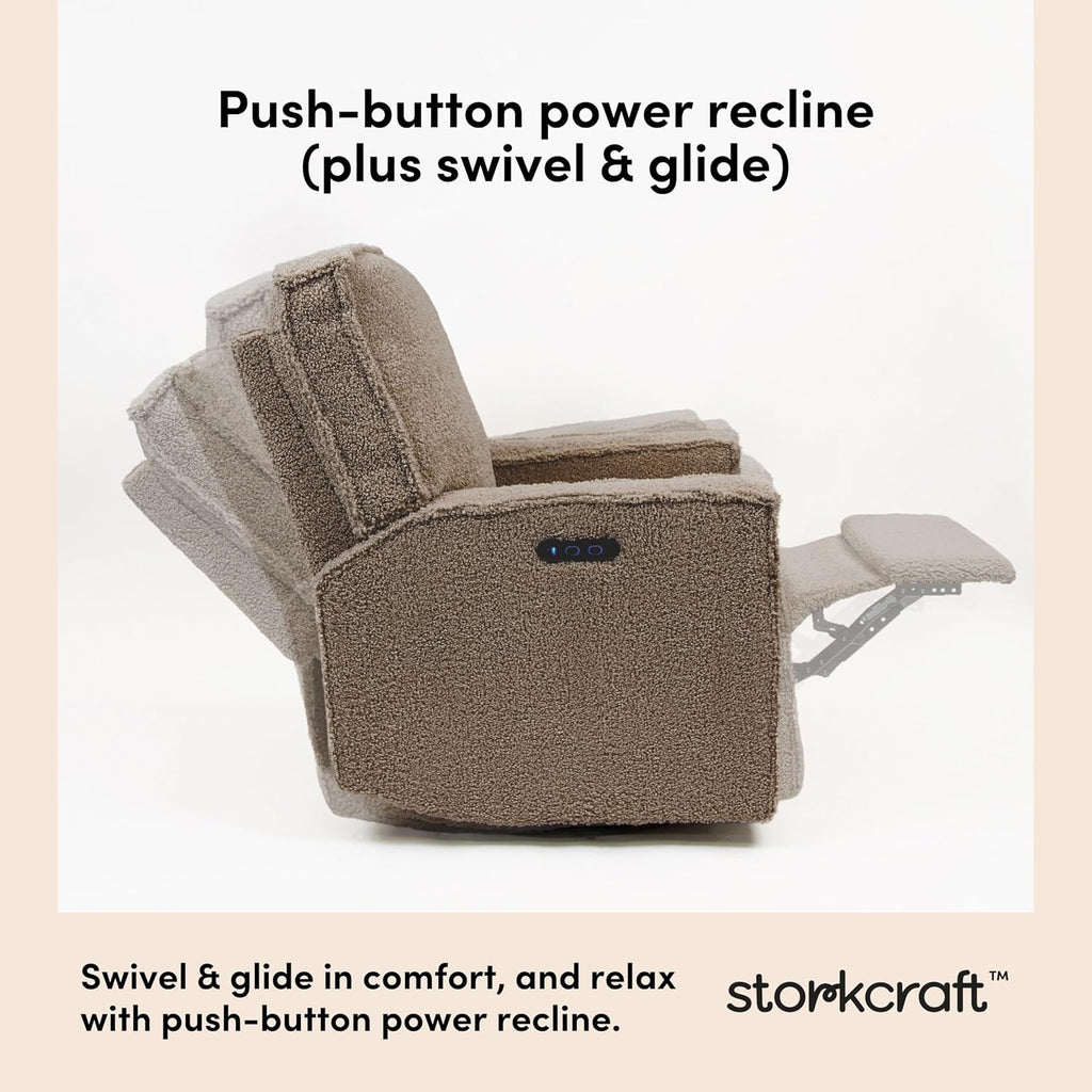Storkcraft Texas Nursery Power Recliner Swivel Glider – Oeko-TEX 100 Certified, Nursery Rocking Chair with Push-Button Electronic Recline Function, USB-A and USB-C Charging Ports (Brown Sugar Sherpa)