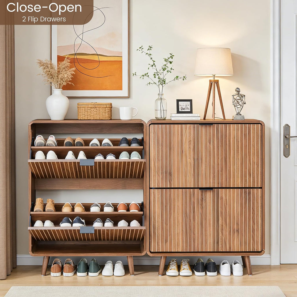 FurSch Fluted Shoe Storage Cabinet with 2 Flip Drawers, Narrow Shoe Rack Cabinet Organizer with Adjustable & Removable Shelves for Entryway (All Walnut, 2 Drawers)
