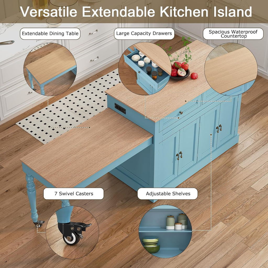 HLR 87.5" Kitchen Island with Extendable Table for 2-6, Rolling Islands Cart with 4 Doors, Mobile Kitchen Island with Storage Slide Out Legs and Power Outlet (Light Blue)