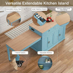 HLR 87.5" Kitchen Island with Extendable Table for 2-6, Rolling Islands Cart with 4 Doors, Mobile Kitchen Island with Storage Slide Out Legs and Power Outlet (Light Blue)