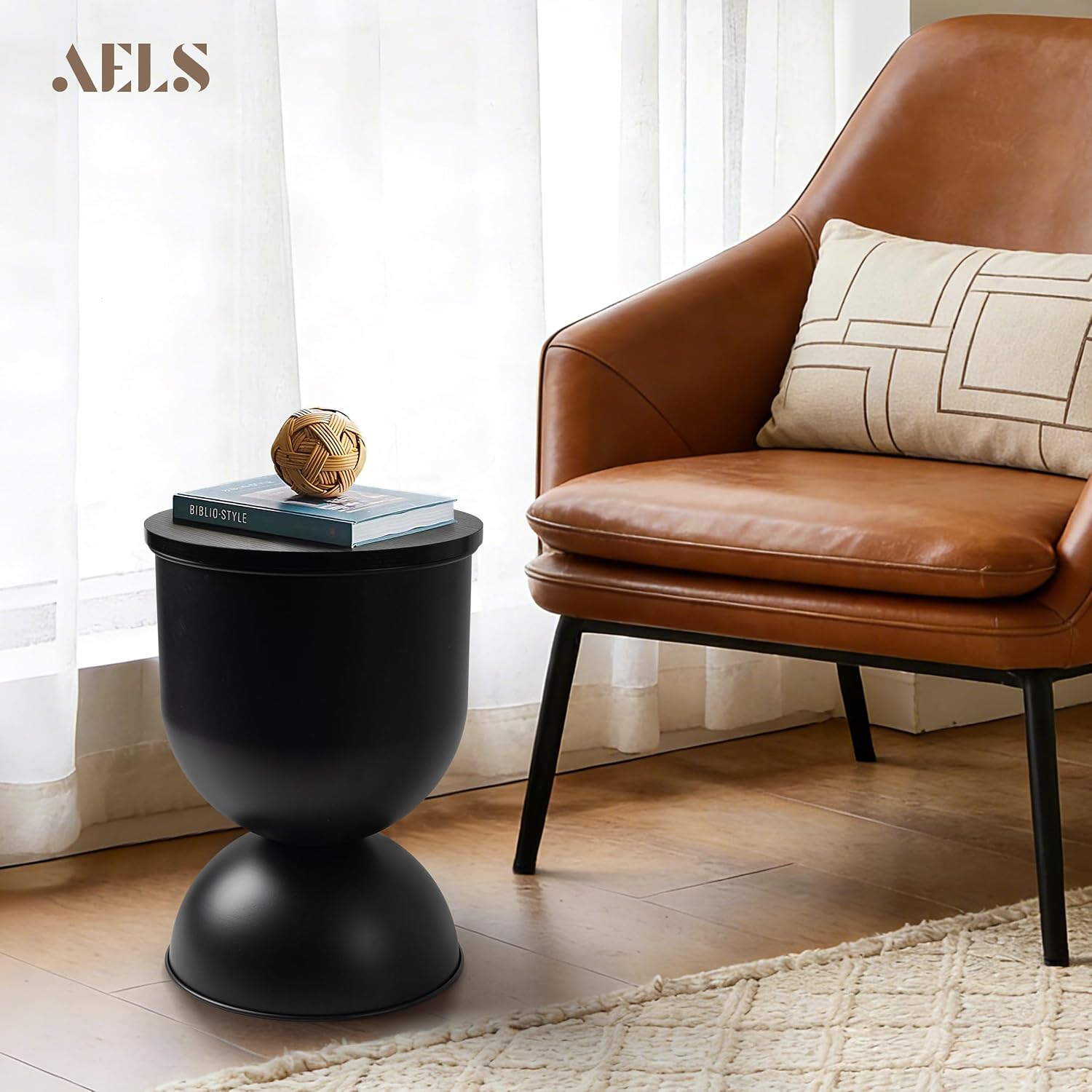 AELS Mid Century Modern Storage Drum Side Table, 12.5" Wide Black Metal End Table with Removable Lid, Accent Table for Living Room, Bedroom or Entryway
