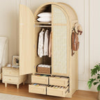 Armoire Wardrobe Closet with 4 Drawers - Wood Bedroom Armoires and Wardrobes with Rattan Doors for Hanging Clothes, Tall Clothing Cabinet Arched Closets for Cloak Room, Large Capacity Storage