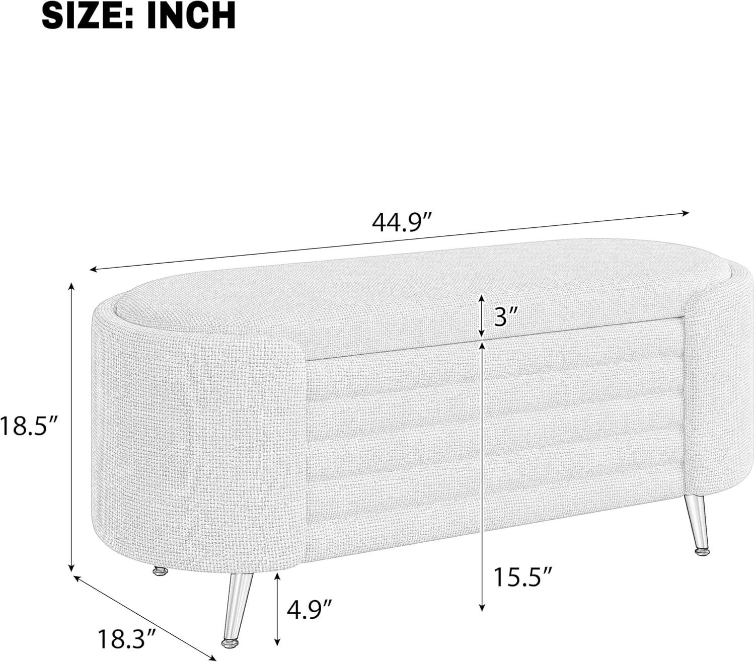 Modern Oval Chenille Storage Ottoman Bench, Beige Upholstered Cushioned Storage Bench with Sturdy Metal Legs, Large Hidden Interior Storage, Multi-Functional End of Bed Shoe Bench
