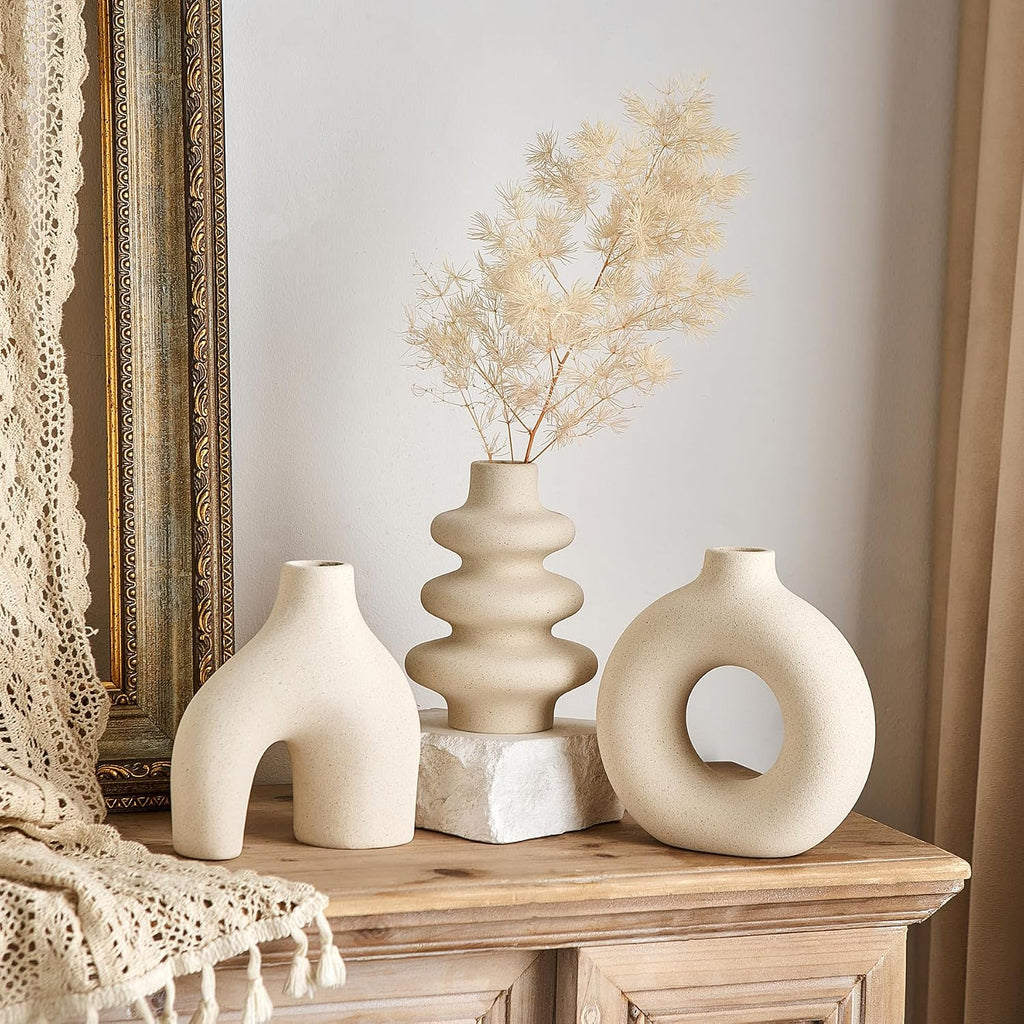 White Ceramic Vase Set of 3, Modern Boho Vases for Home Decor, Small Flower Vases for Pampas Grass, Round White Vases Centerpieces for Wedding Coffee Table Shelf Living Room Bedroom Entryway