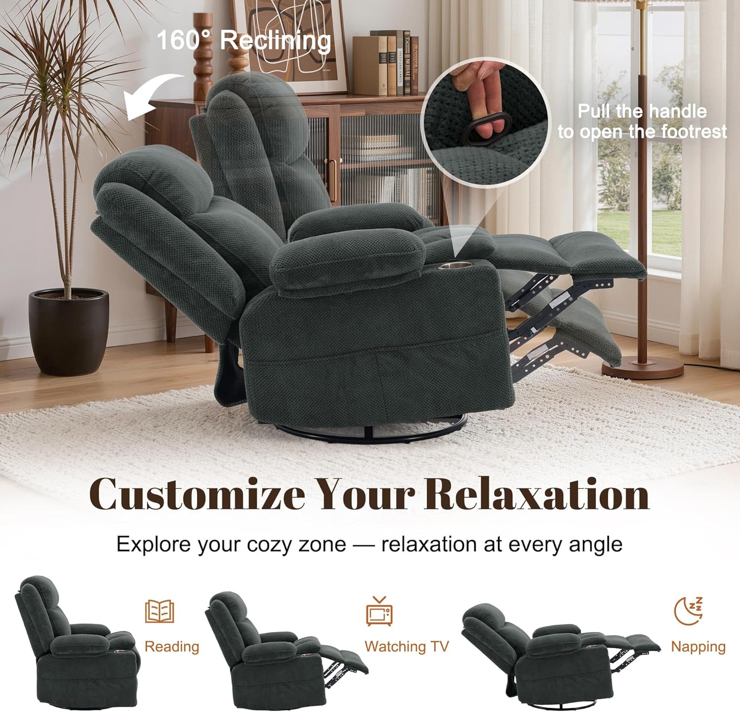 Korser Recliner Chair, 360° Swivel Rocker Recliner for Adults, Rocking Recliners with Massage & Heat, Nursery Rocking Chairs with Cup Holders, Manual Reclining Glider for Living Room, Nursery, Gray