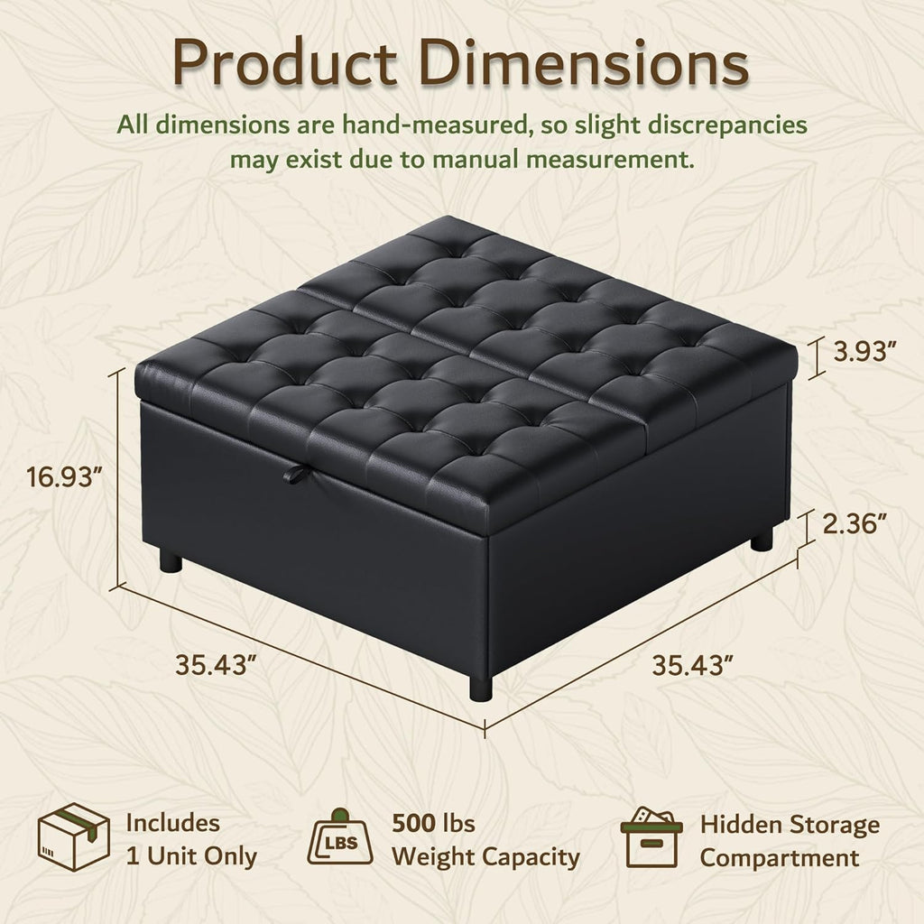 LINLUX Extra Large Leather Storage Ottoman, 35.5 Inch Large Square Lift Top Ottoman Coffee Table with Storage, Tufted Leather Ottoman Footrest Toy Box for Living Room, Black