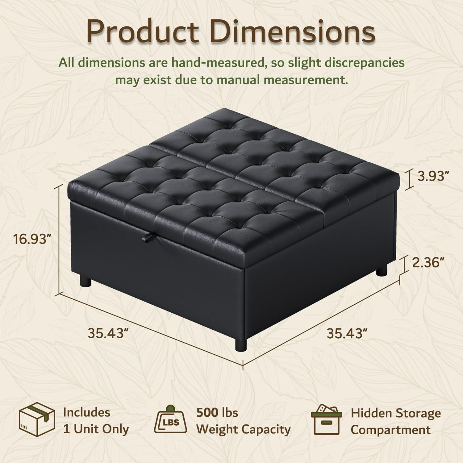 LINLUX Extra Large Leather Storage Ottoman, 35.5 Inch Large Square Lift Top Ottoman Coffee Table with Storage, Tufted Leather Ottoman Footrest Toy Box for Living Room, Black