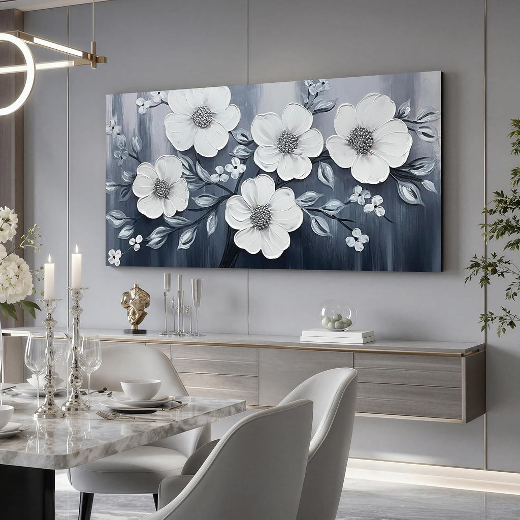 JuhaiArt Flower Wall Art White Wall Decorations Gray Picture Art Large 3D Floral Hand Painted for Bedroom Living Room Office 29" x 59"