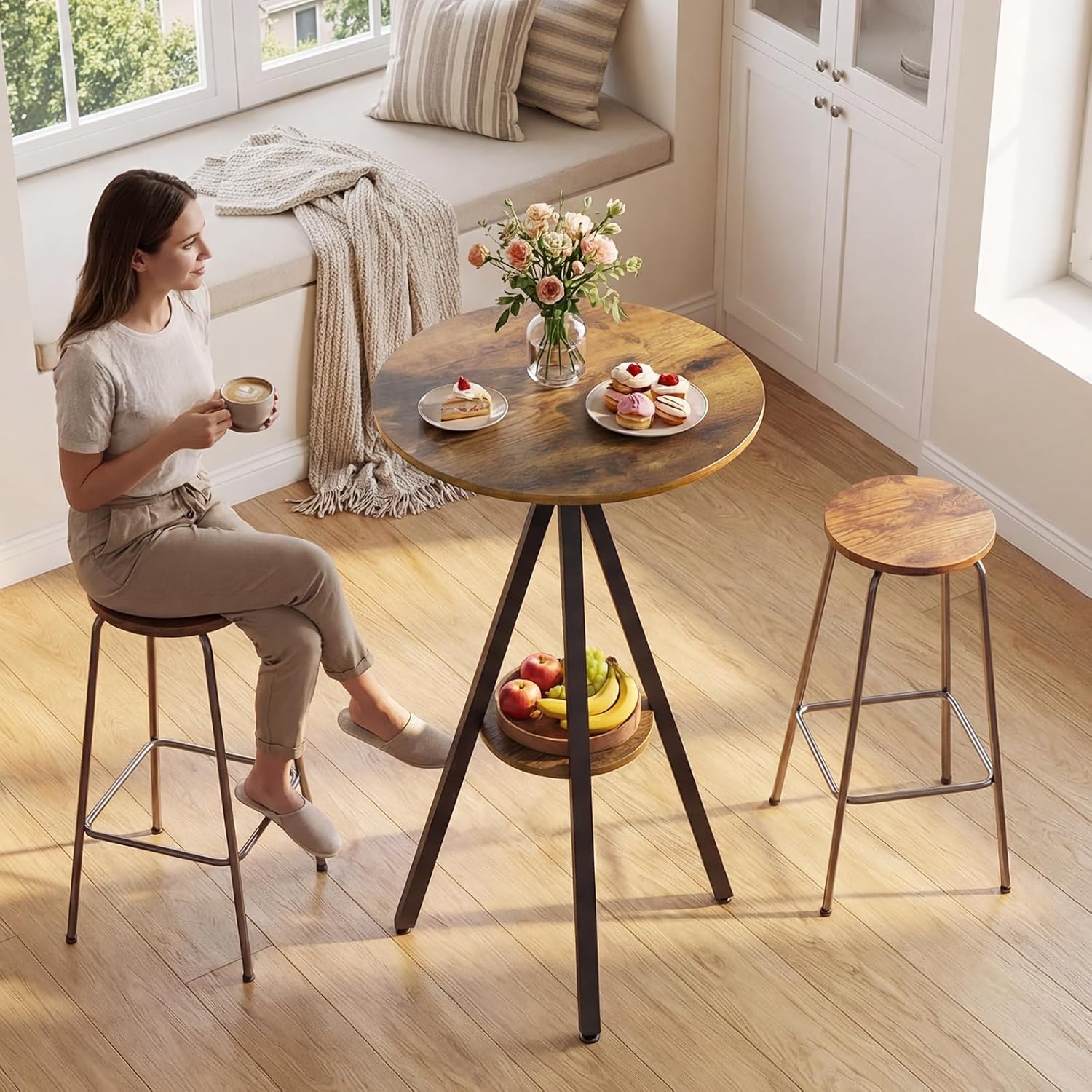YATINEY Bar Table, 2-Tier Round Pub Table, Counter Height Cocktail Table for Small Spaces, Dining Room, Cafe, Pub, Rustic Brown and Black BT12BR