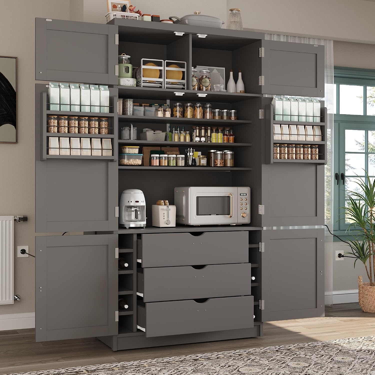 Merax Kitchen Pantry Storage Cabinet, Freestanding Buffet Cabinet with Microwave Stand & 2 Power Outlets,Kitchen Hutch with Door Shelves, Adjustable Shelves,Drawers and Wine Rack, Grey