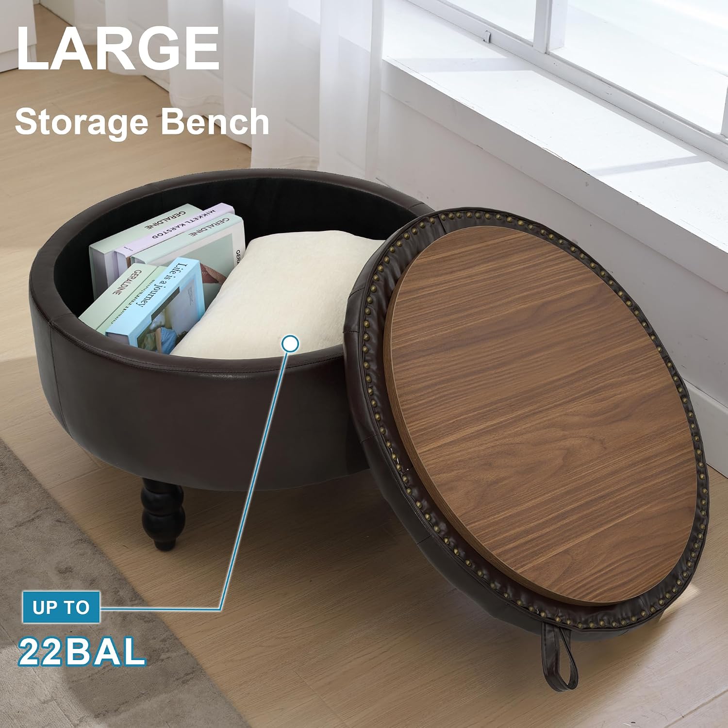 30 Inch Round Ottoman with Storage, Tufted PU Leather Storage Bench for Bedroom, Living Room & Entryway, Modern Upholstered Coffee Table with Wooden Black Legs, Light Brown(PU)