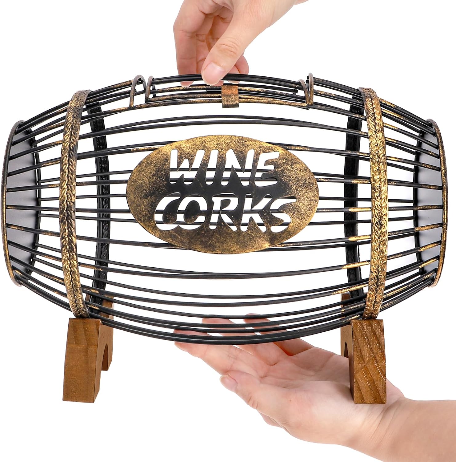 ZOOFOX Wine Cork Holder with Wood Stand, Rustic Metal Cork Container for Display and Storage, Decorative Vino Cork Barrel for Kitchen, Great Gift Idea for Wine Lover, No Assembly Required