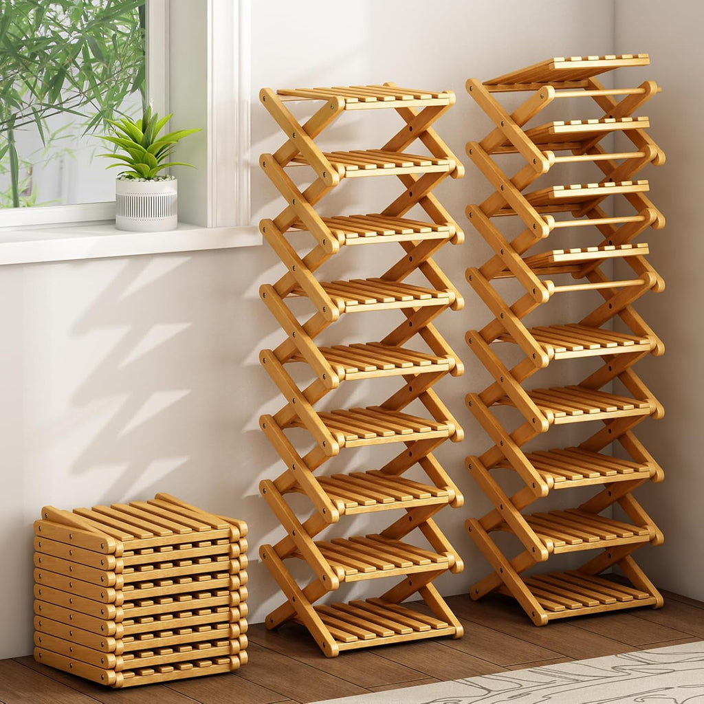 Bamboo Foldable Shoe Rack, 9 Tier Portable Shoe Storage Rack, Multi Functional Narrow Vertical Shoe Racks, Shoe Shelf for Entryway, Corner, Bedroom, Hallway, Balconies, Small Space