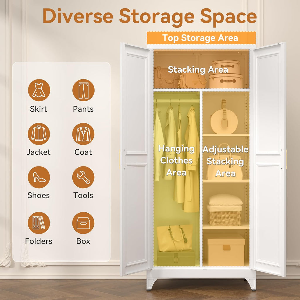 Polup Metal Armoire Wardrobe Closet, 71" Tall White Wardrobe Cabinet with 2 Doors, Hanging Rod and Adjustable Shelves, Steel Clothing Storage Cabinet for Bedroom, Home, Employee, Gym, Office