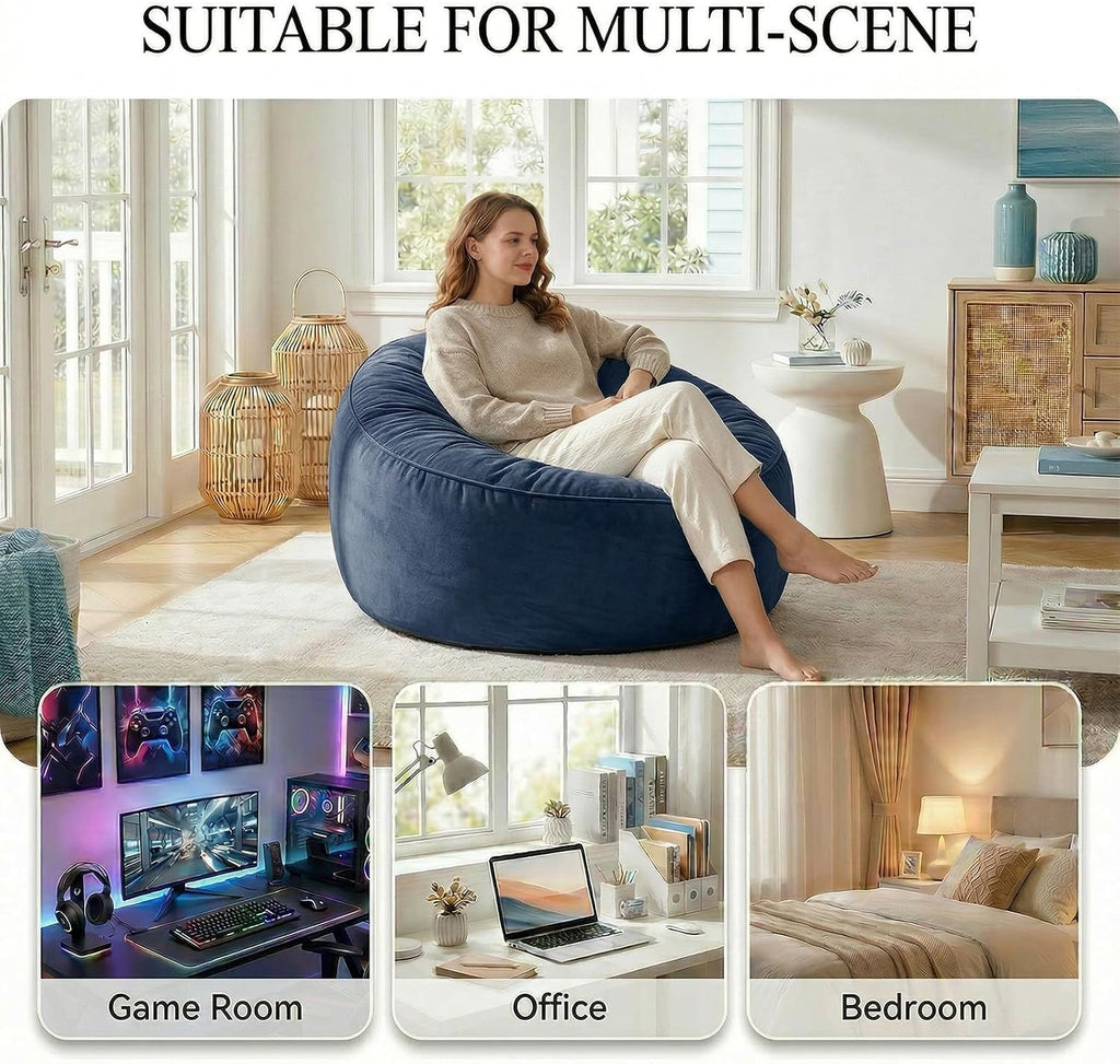 Bean Bag Chair for Adults, High-Density Memory Foam Beanbag Chair with Removable Washable Velvet Cover, Fast Rebound Fluffy Lazy Sofa Couch for Living Room & Bedroom