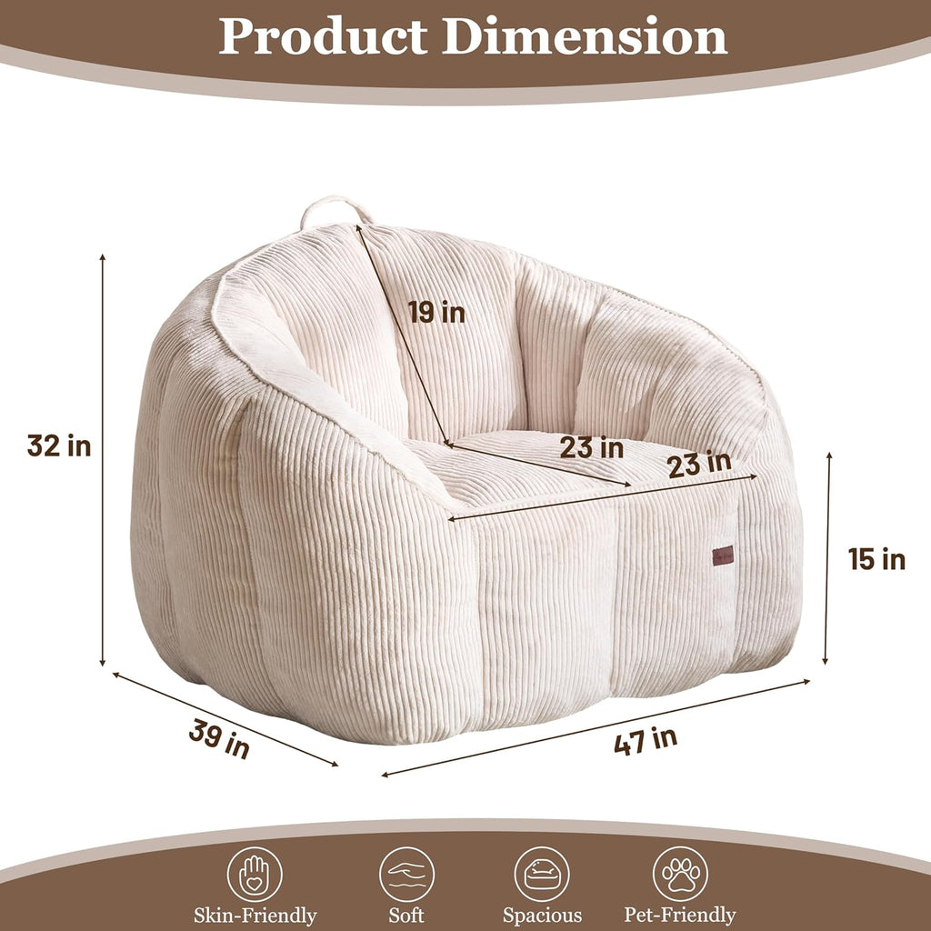 Royal Windsor Giant Bean Bag Chairs for Adults, 47 Inch Oversized Bean Bag Couch with Armrests, Lazy Floor Lounge Sofa Comfy Reading Chair for Living Room, Bedroom & Dorm, Beige