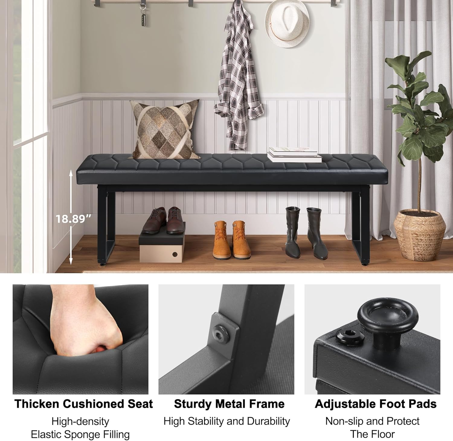 STHOUYN 58” Padded Dining Table Bench Pair of 2 for 6-8 Person, Faux Leather Indoor Cushioned Extra Long Bench for Dining Room Table, Bedside Shoe Entryway Benches (Black, 58")