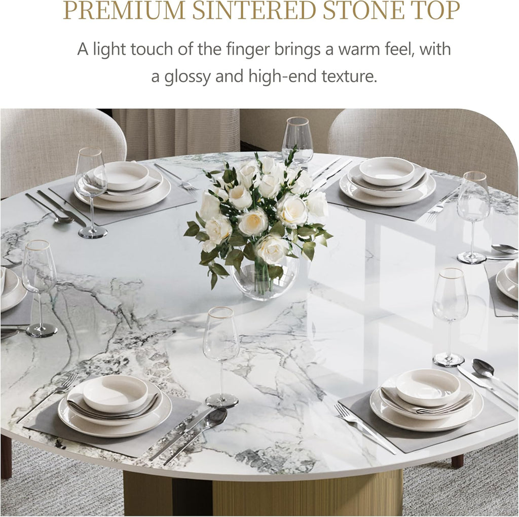 59" Modern Round Dining Table for 6, Glossy White Circle Kitchen Table, Sintered Stone Dining Room Table Top with Bronze Cylinder Hollow Base, Faux Marble Dinner Table for Home Party, (Table Only)