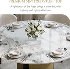 59" Modern Round Dining Table for 6, Glossy White Circle Kitchen Table, Sintered Stone Dining Room Table Top with Bronze Cylinder Hollow Base, Faux Marble Dinner Table for Home Party, (Table Only)