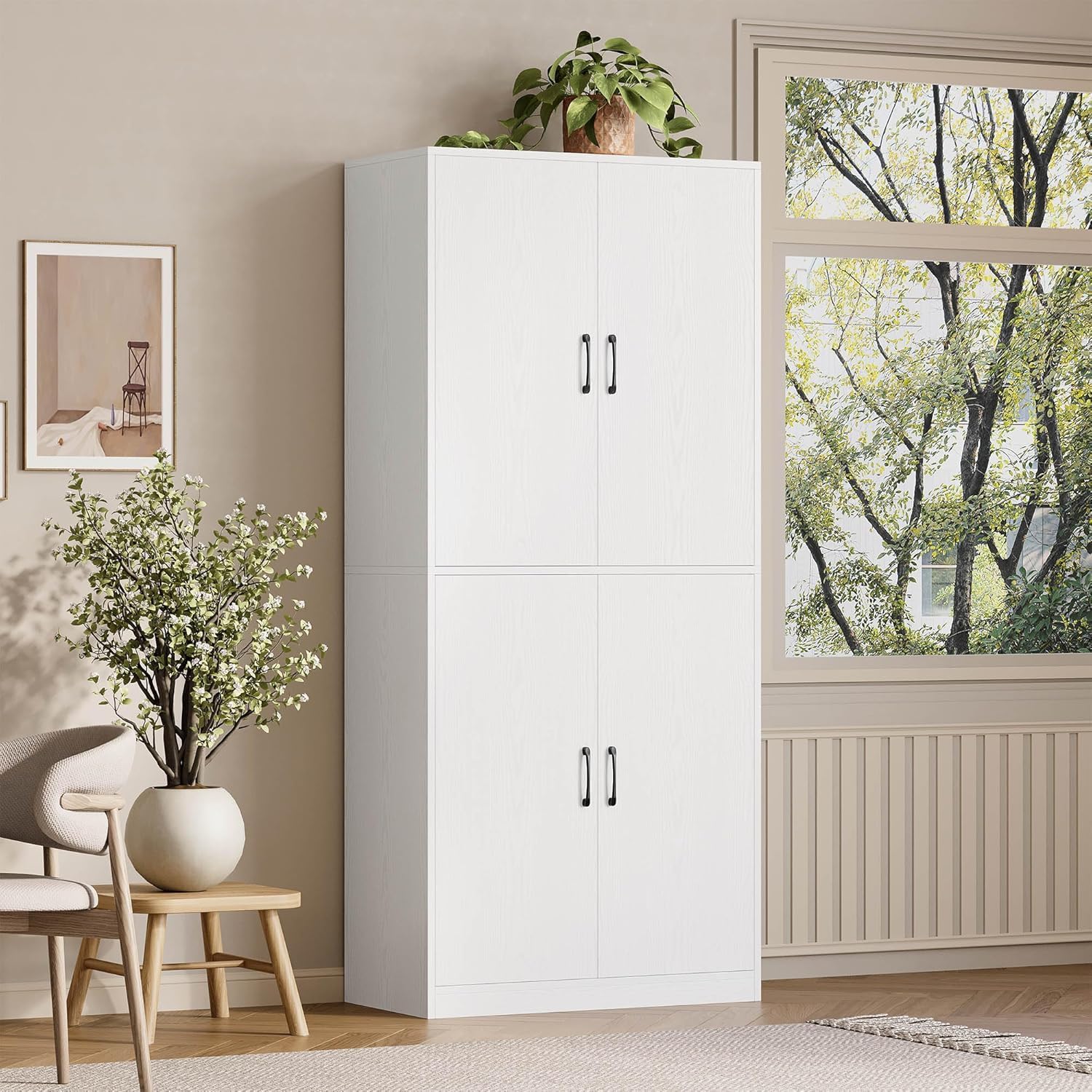 IRONCK 71" Kitchen Pantry Storage Cabinet with Storage Rack, Pegboard Doors, 4 Adjustable Shelves, Food Pantry Cabinet, Freestanding Tall Cupboard for Dining Room, Kitchen, White