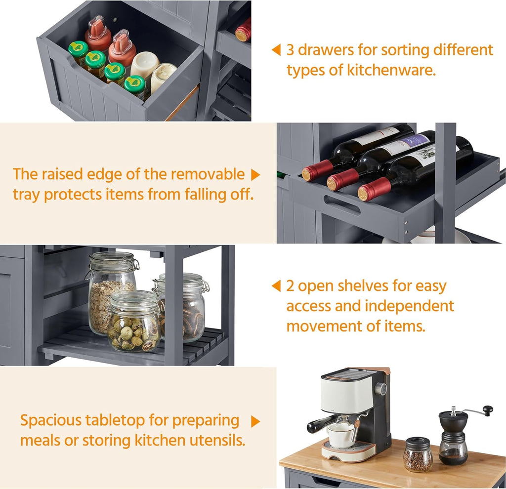 Yaheetech Kitchen Island Cart on Wheels, Rolling Storage Cart with Bamboo Countertop, 3 Drawers, 3 Removable Shelves & Lockable Casters for Dining Room, Bar, Dark Gray