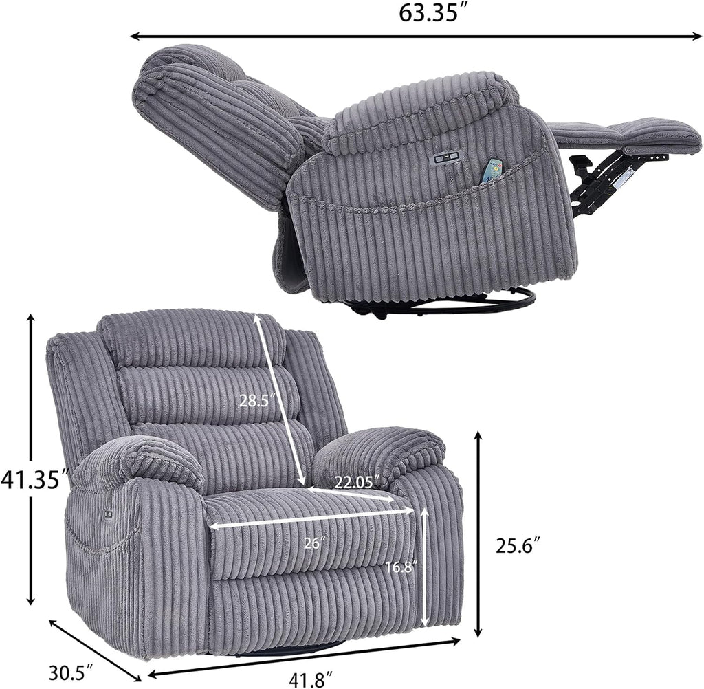Oversized Power Swivel Rocker Recliner for Living Room, Extra Wide Nursery Rocking Chair with Vibration Massage and Heat, USB & Type-C Charging Port and Cup Holder for Adults, Grey