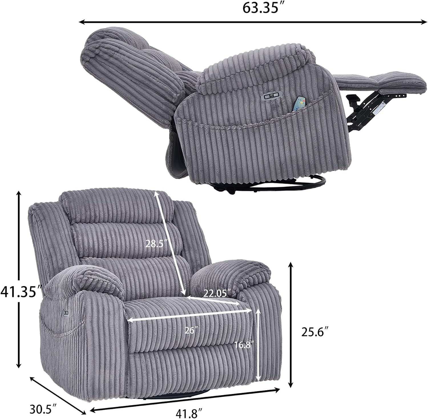 Oversized Power Swivel Rocker Recliner for Living Room, Extra Wide Nursery Rocking Chair with Vibration Massage and Heat, USB & Type-C Charging Port and Cup Holder for Adults, Grey