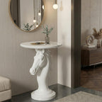 Modern Horse Statue Side Table - Round Faux Marble Top Accent Pedestal with Sculpture Base for Entryway & Living Room, White
