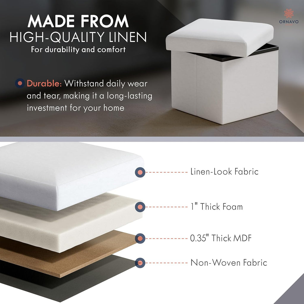 Ornavo Home Small Square Storage Ottoman, Foldable Linen, 12x12x12, White | Collapsible Cube Design; Foot Rest Stool Seat; Ideal for Living Room, Bedroom, Home Office or Dorm