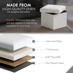 Ornavo Home Small Square Storage Ottoman, Foldable Linen, 12x12x12, White | Collapsible Cube Design; Foot Rest Stool Seat; Ideal for Living Room, Bedroom, Home Office or Dorm