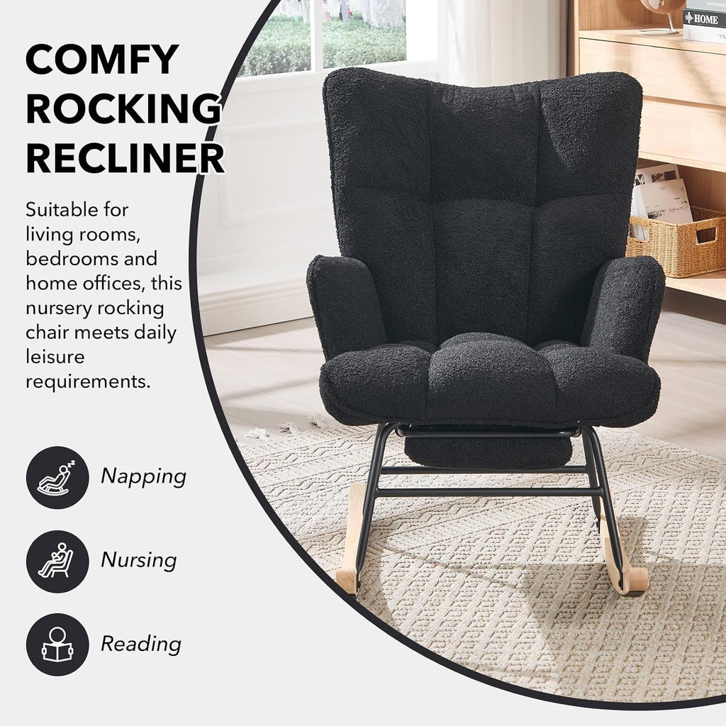 Nursing Rocking Chair, Teddy Glider Rocker with Footrest (Black) | Upholstered Accent Rocking Armchair with High Back & Side Pocket for Living Room Bedroom Nursery Office