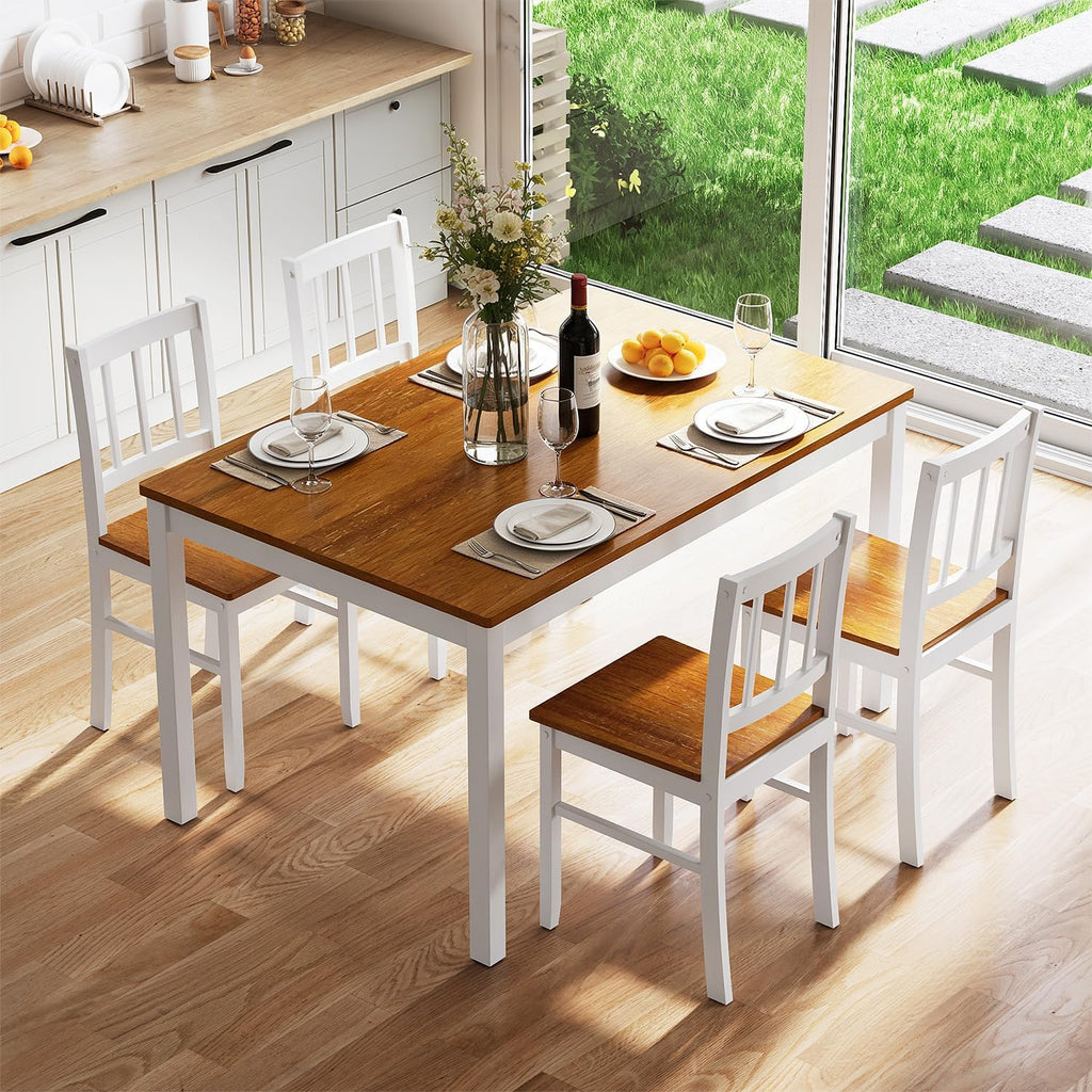 Dining Table Set for 4, Farmhouse Kitchen Table and Chairs with Rubber Wood Legs, Space-Saving Dinette Set, 5 Pieces Dining Table with Chairs for Small Spaces Kitchen Dining Room. Brown