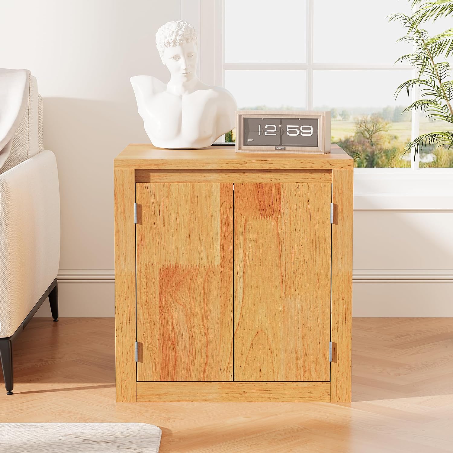 MINCETA End Table with Charging Station and USB Ports, Modern Wood Bedside Table with Door, Square Nightstand with Adjustable Storage Shelf for Living Room, Bedroom, Set of 1, Natural Oak