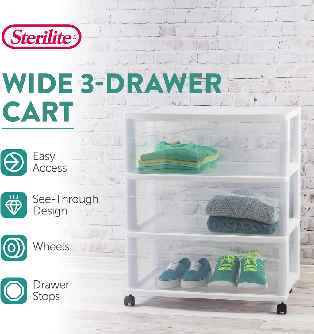 Sterilite Wide 3-Drawer Cart, Plastic Storage Organizer Drawers with Wheels, White - Rolling Multipurpose Bins for Dresser, Closet, Cabinet, Bedroom, Bathroom, and Office Organization